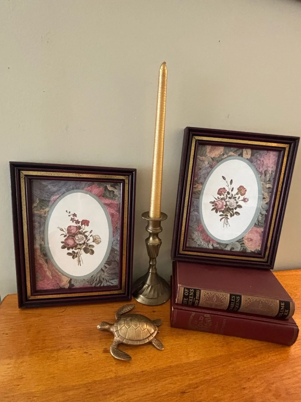 Vintage Home Interiors Set of 2 Victorian-Style Floral Pictures with Burgundy an